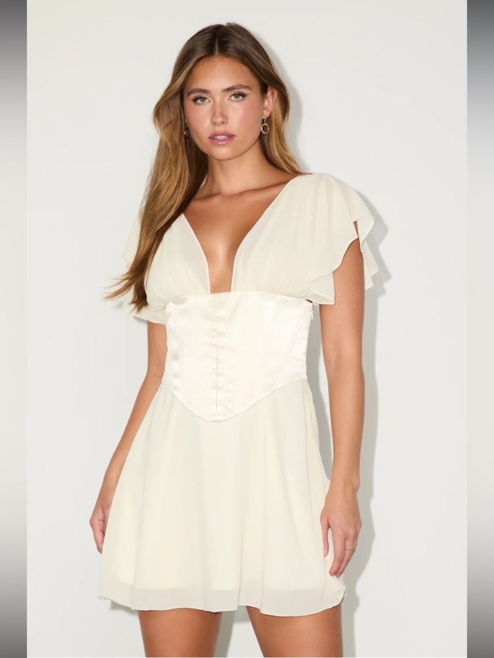 NWT Lulus Kistine Ivory Chiffon Corset Flutter Sleeve Mini Dress Cream Elegant